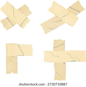 Um conjunto de pedaços de fita adesiva bege rasgado dispostos em formas cruzadas e de canto. Ideal para scrapbooking, design de colagem, planejadores e projetos digitais criativos. Adesivo rasgado bege. Papel rasgado