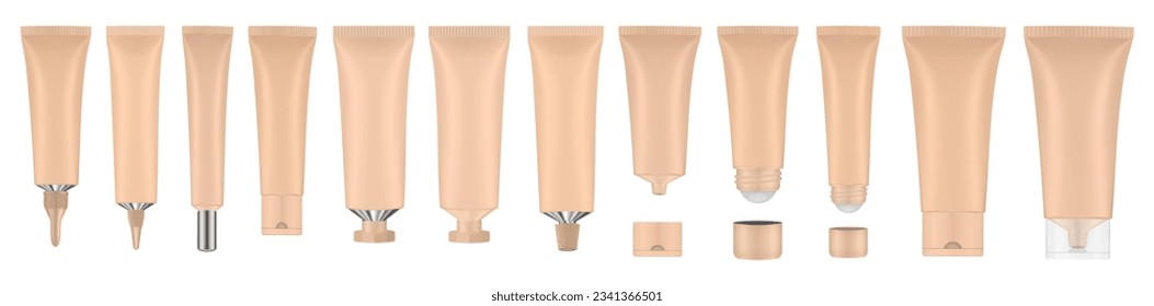 Set of beige tubes and bottles. Roller ball tube. Open and closed blank tubes with screw cap. Realistic mockup. Long nozzle tube. Ointment or salve. Gel serum. Korean packaging