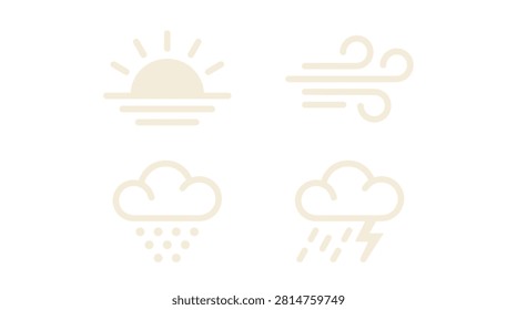 Set of beige weather icons with sun wind rain and storm symbols for meteorological forecast apps