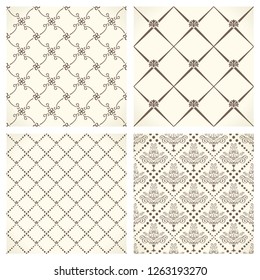 Beige und weiße, nahtlose Texturen. Vektorrokokohintergrund. Muster mit Linien, Dreiecken, Vintage-Ornamenten