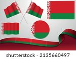 Set Of Belarus Flags In Different Designs, Icon, Flaying Flags With ribbon With Background.