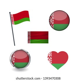 Set of belarus flags, waving, buttons with different shapes. collection of label, stickers, heart, badge, flagpole on design element. isolated on white background.