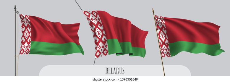 Set of Belarus waving flag on isolated background vector illustration. 3 red green Belarusian wavy realistic flag as a patriotic symbol 