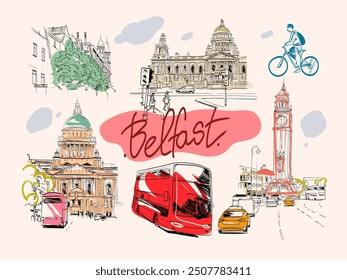 Set of Belfast landmarks and buildings. Hand drawn vector illustration art. 