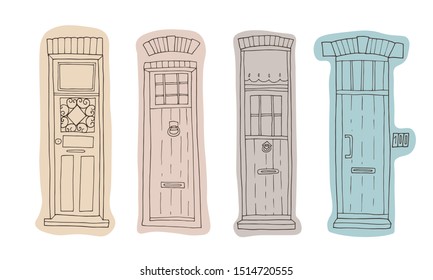 Set of Belgian doors. Hand-drawn vector illustration. Architectural details of old European house. 