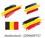 Set of belgian flags, in different styles - correct, brush, marker and swoosh design. Represents the state of Belgium, a part of Benelux.