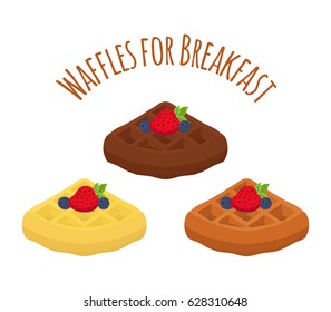 Set of belgian waffles - chocolate, cream and berries. Tasty breakfast in restaurant. Made in cartoon flat style.