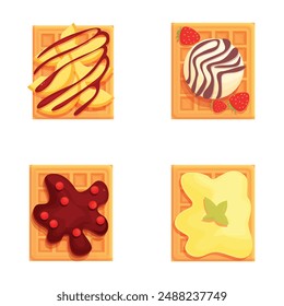 Set of belgian waffles with various delicious toppings, isolated on white