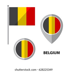 Set of Belgium flag and map pointer icon. Design elements for stickers or flyers. Flat design.