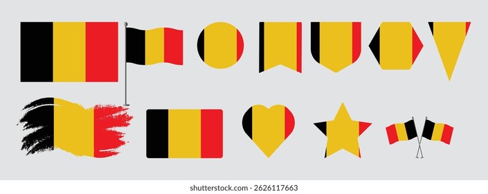 Set Belgium flags, banners, brush, symbols, flat icon. Vector illustration of collection of national symbols on various objects and state signs and shape 