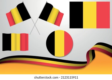Set Of Belgium Flags In Different Designs, Icon, Flaying Flags With ribbon With Background. Free Vector