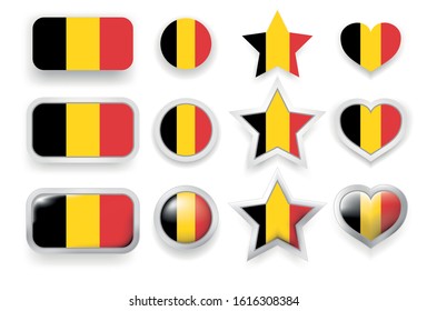 Set of Belgium vector labels - square button, circle button, star and heart buttons in flag colors black, yellow, red for flyer, poster or any holiday design