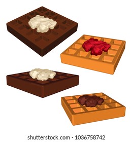Set of Belgium Waffles with Different Toppings and in Different Angles. Vector 3d Illustration isolated on White Background.