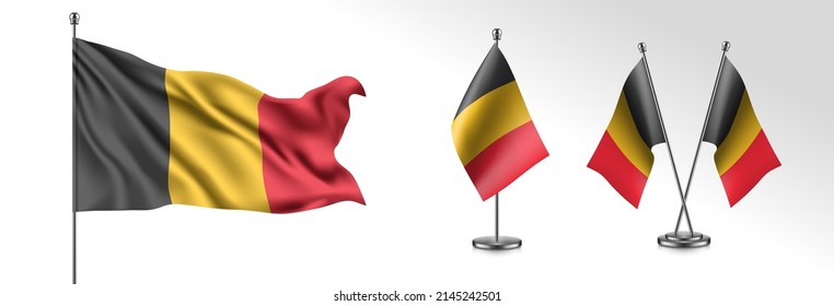 Set of Belgium waving flag on isolated background vector illustration. 3 stripes Belgian wavy realistic flag as a patriotic symbol