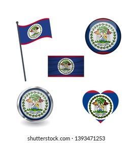 Set of belize flags, waving, buttons with different shapes. collection of label, stickers, heart, badge, flagpole on design element. isolated on white background.