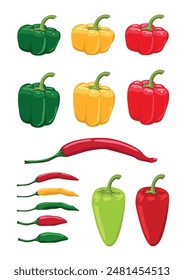 A set of bell and hot peppers of different colors and shapes. Growing vegetables. Organic gardening and food. Vegetarianism and healthy eating. Vector illustration isolated on white background.