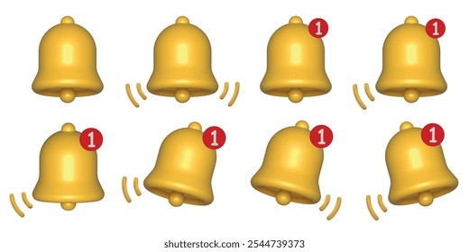 Set of bell icons with notification badges and sound indicators. Symbols for alerts and reminders in digital interfaces