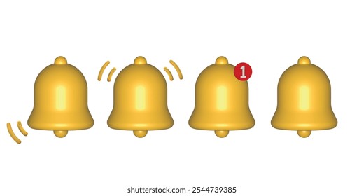 Set of bell icons with notification badges and sound indicators. Symbols for alerts and reminders in digital interfaces