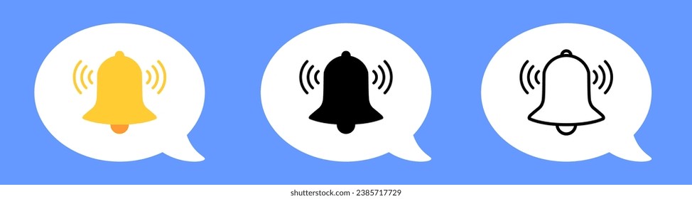 Set of bell icons on speech bubbles. Notification, ringing bell. New message, alarm. Blue background