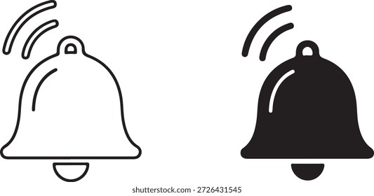 A set of bell icons, presented in both outline and solid fill styles. These icons serve as universal symbols for notifications, alerts, or alarms. Presented on a clean white background, they are ideal for user interface elements in apps and websites.