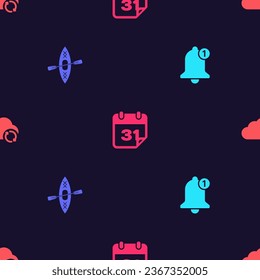 Set Bell, Kayak and paddle, Calendar and Cloud sync refresh on seamless pattern. Vector