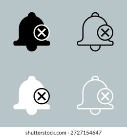 Set of Bell Notification Icons with X Mark Representing Muted Notifications and Turned Off Alerts