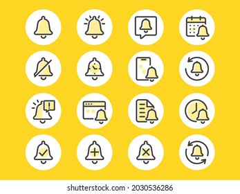 Set of Bell Notification Vector Line Icons with color inserts. Contains such Icons as Bell, Timer, Alert, Check, Close, Repeat and more. Editable Stroke. Pixel Perfect.