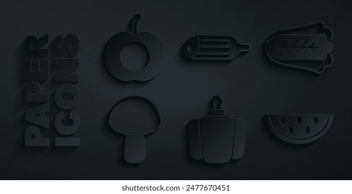 Set Bell pepper, Cabbage, Mushroom, Watermelon, Fresh cucumber and Peach fruit icon. Vector