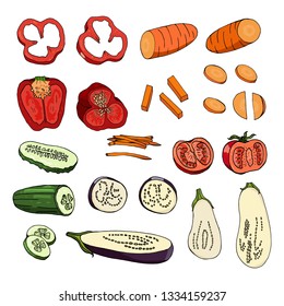 Set with bell pepper, carrot, cucumber, tomato and eggplant slices for your design. Chopped vegetable elements isolated on white background
