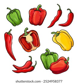 Satz von Glockenpfeffer-Illustration im Doodle-Stil. Handgezeichneter bulgarischer Pfeffer. Skizzieren Sie rote scharfe Chilischoten. Frisches Gemüse einzeln auf weißem Hintergrund. Skizze. Vektorgrafik