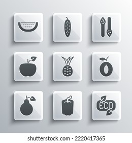 Set Bell pepper, Leaf Eco symbol, Plum fruit, Pineapple, Pear, Apple, Watermelon and Asparagus icon. Vector