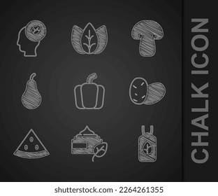 Set Bell pepper, Organic cosmetic, Vegan food diet, Potato, Watermelon, Pear, Mushroom and Human head with leaf inside icon. Vector