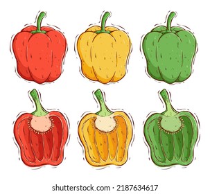 conjunto de pimiento o paprika, rojo, amarillo y verde con estilo de dibujo a mano