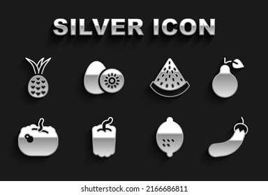 Set Bell pepper, Pear, Eggplant, Lemon, Pumpkin, Watermelon, Pineapple and Kiwi fruit icon. Vector