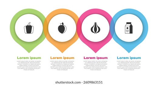 Set Bell pepper, Plum fruit, Garlic and aper package for milk. Business infographic template. Vector