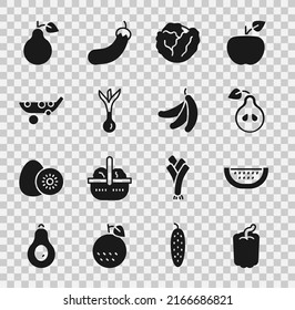 Set Bell pepper, Watermelon, Pear, Cabbage, Onion, Peas,  and Banana icon. Vector
