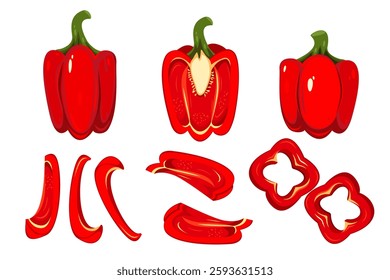 Set of bell peppers. Sweet, red pepper, paprika. Whole pepper, slices, wedges. Vector illustration on a white background.