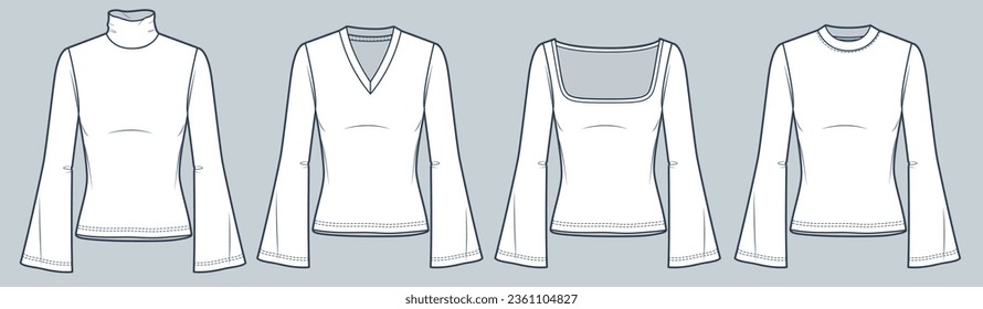 Conjunto de ilustración de moda técnica de la camiseta Bell Sleeve. Tee Shirt diseña plancha de dibujo técnico plano, cuello redondo, cuello de rollo, cuello cuadrado, cuello v, ajuste delgado, vista frontal, blanco, mujeres maquillaje CAD.