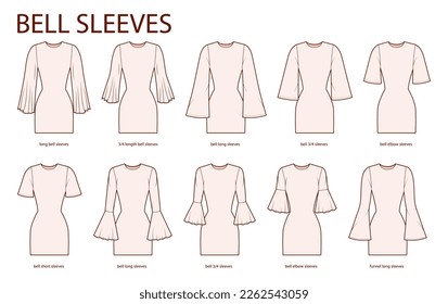 Set of Bell sleeves clothes long, short, 3-4, elbow length funnel technical fashion illustration with fitted body. Flat apparel template front side. Women, men unisex CAD mockup