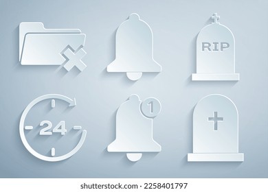 Set Bell, Tombstone with RIP written, Clock 24 hours, cross, Ringing bell and Delete folder icon. Vector