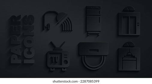 Set Bellboy hat, Lift, Retro tv, Refrigerator and Shower head icon. Vector