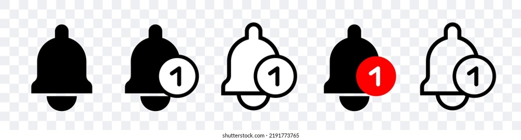 A set of bells. Black and white bell icons for subscriber notifications. Incoming message. Vector clipart isolated on white background.	