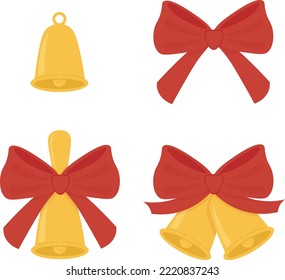 Juego de campanas con un arco rojo. Ilustración de Año Nuevo en estilo plano. imagen vectorial.
