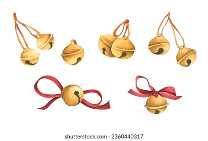 Set of bells. Watercolor Christmas card for invitations, greetings, holidays and decor.