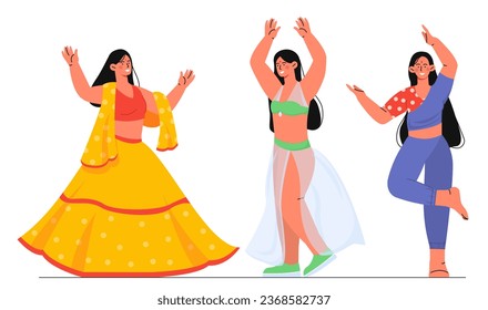Concepto de bailarinas del vientre. Muchachas con vestidos coloridos. Creatividad y arte. Artistas talentosos. Estética y elegancia. Colección vectorial plana de dibujos animados aislada en fondo blanco