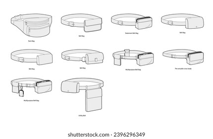 Set of Belt Bum silhouette bags. Fashion accessory technical illustration. Vector satchel front 3-4 view for Men, women, unisex style, flat handbag CAD mockup sketch outline isolated