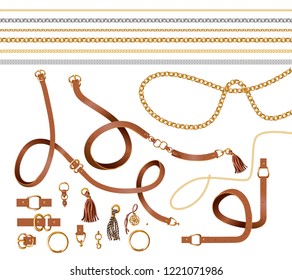 Set of the belt elements, chain and braid for fabric design. Vector