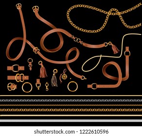 Set of the belt elements, chain and braid for fabric design. Vector