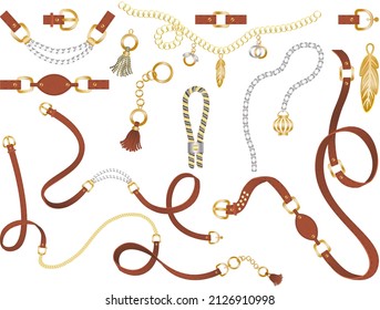 Set of belt elements, chain and braid, pendant, gold and silver links and fasteners for fabric design wallpapers, prints, textile and pattern. Isolated vector with metallic and leather accessories