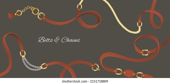 Set of belt elements, chain and braid, pendant, gold and silver links and fasteners for fabric design wallpapers, prints, textile and pattern. Isolated vector with metallic and leather accessories